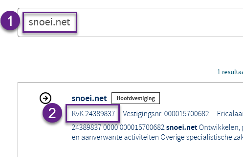 Een voorbeeld van een zoekopdracht bij het opzoeken van een bedrijf op de KvK website Screenshot bedrijf opzoeken op KvK website
