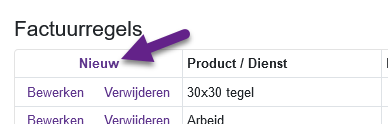 De link die moet worden aangeklikt om een nieuwe factuurregel aan te maken Een nieuwe factuurregel maken